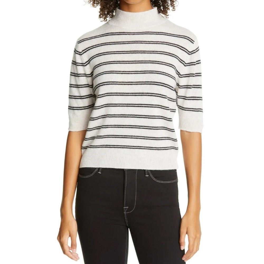 Women's Frame Stripe Wool & Cashmere Crop Sweater, Size XS Off White Cream $295